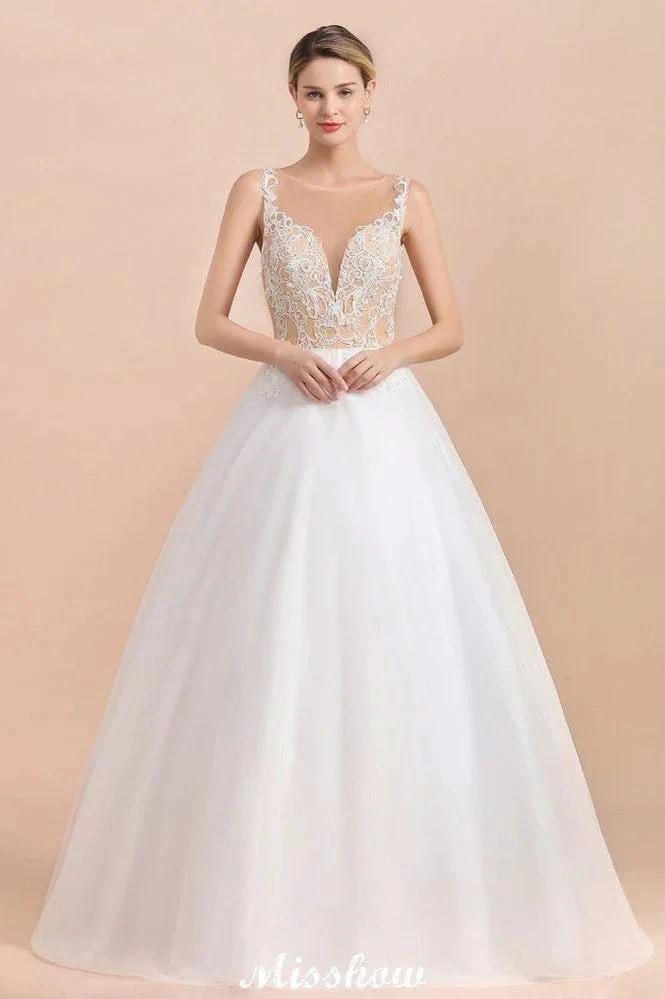Gorgeous Illusion Neck Button Sleeveless White Ball Gown Wedding Dress (ZD13990) - VelvetHem