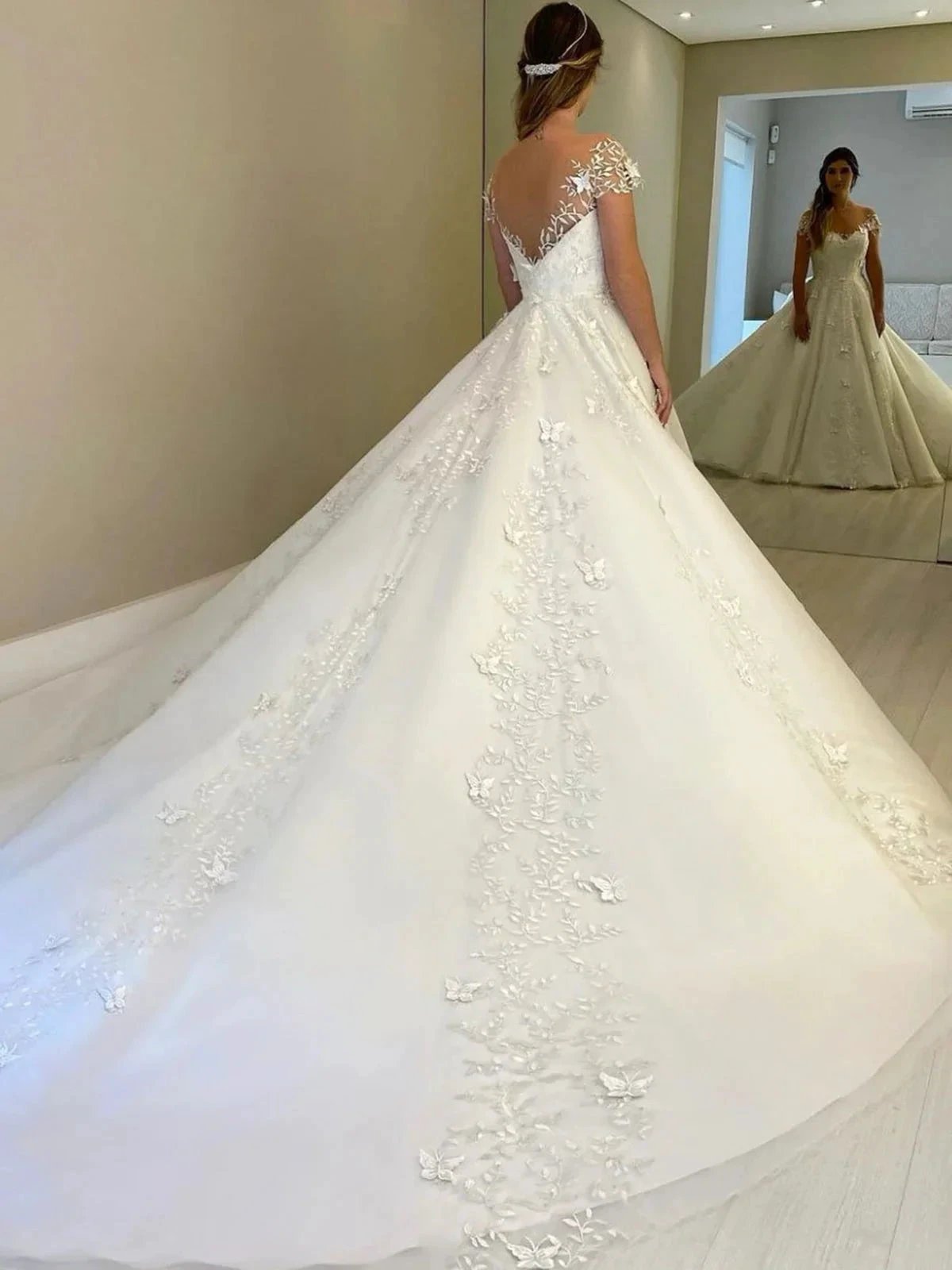 Gorgeous Long A-line Off Shoulder Lace Open Back Wedding Dresses with Cap Sleeves (ZD16748)