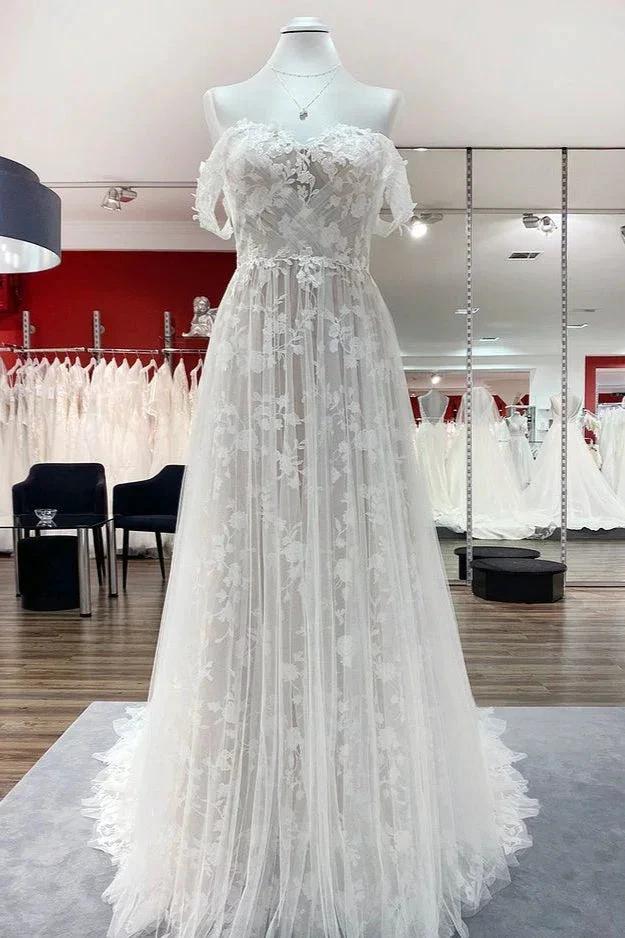 Gorgeous Long A-line Off-the-shoulder Tulle Appliques Lace Wedding Dress (ZD14281)