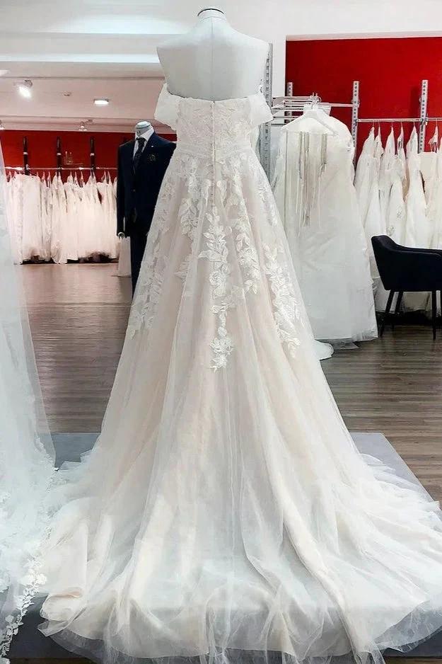 Gorgeous Long A-line Off-the-shoulder Tulle Lace Appliques Wedding Dress (ZD14446)