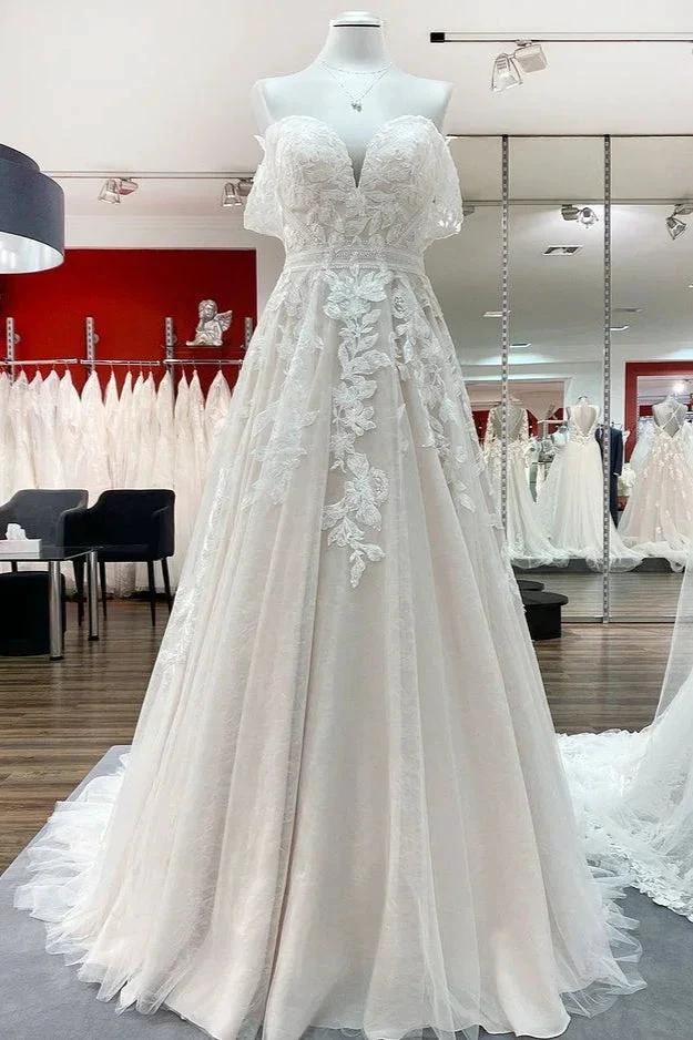 Gorgeous Long A-line Off-the-shoulder Tulle Lace Appliques Wedding Dress (ZD14446) - VelvetHem