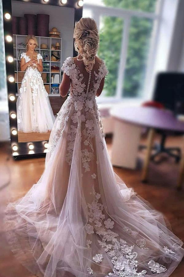 Gorgeous Long A-line Sleeveless Tulle Wedding Dress with Lace (ZD15199)