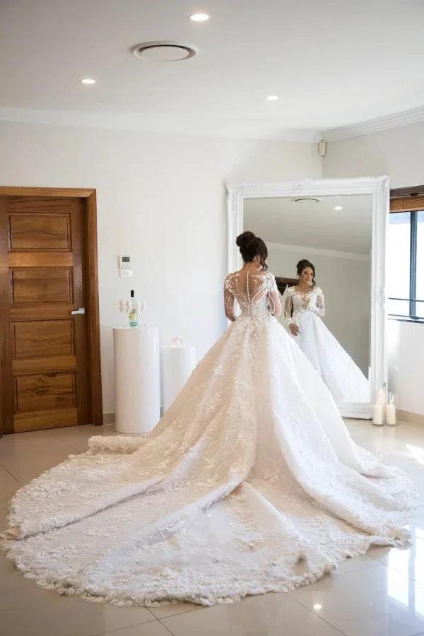 Gorgeous Long A-line Sweetheart Tulle Lace Open Back Wedding Dress with sleeves (ZD15198)