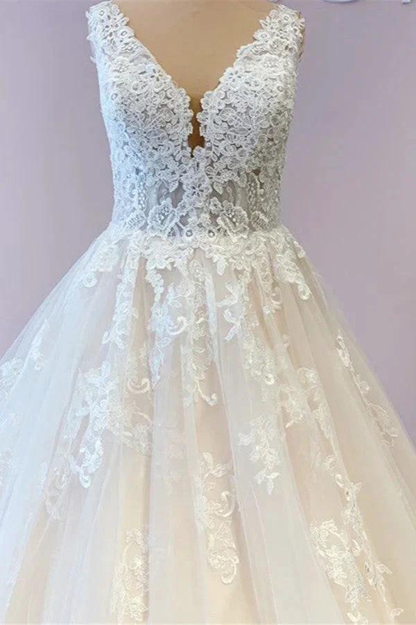 Gorgeous Long A-Line Tulle Wedding Dress With Appliques Lace (ZD15240)
