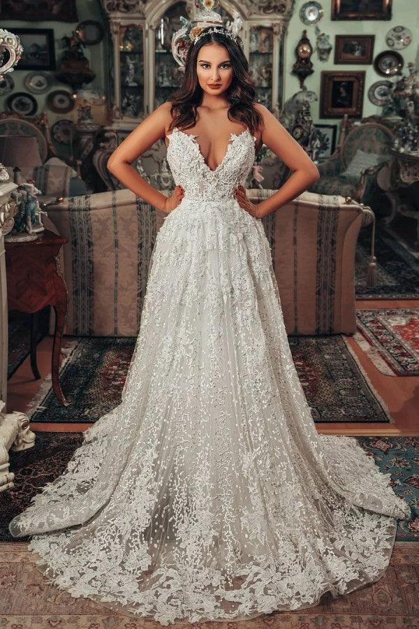 Gorgeous Long A-line V-neck 3D Floral Lace Wedding Dress (ZD15059)