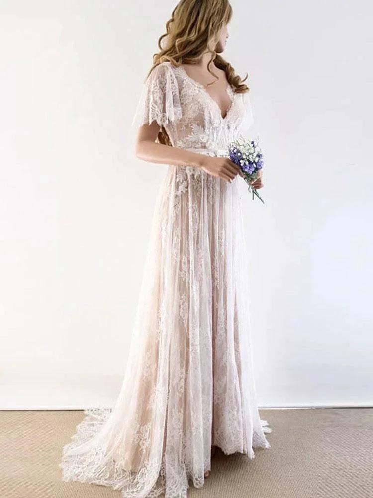 Gorgeous Long A-line V-Neck Lace Wedding Dresses with Cap Sleeves (ZD15894) - VelvetHem