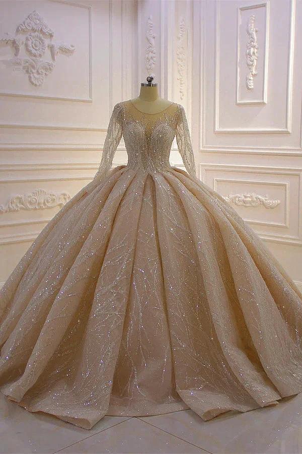 Gorgeous Long Ball Gown Bateau Crystal Wedding Dress with Sleeves (ZD15185) - VelvetHem