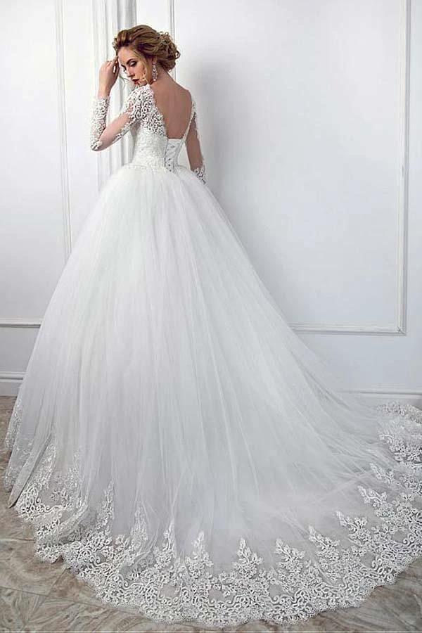 Gorgeous Long Ball Gown Jewel Tulle Lace Wedding Dress with Sleeves (ZD15196)
