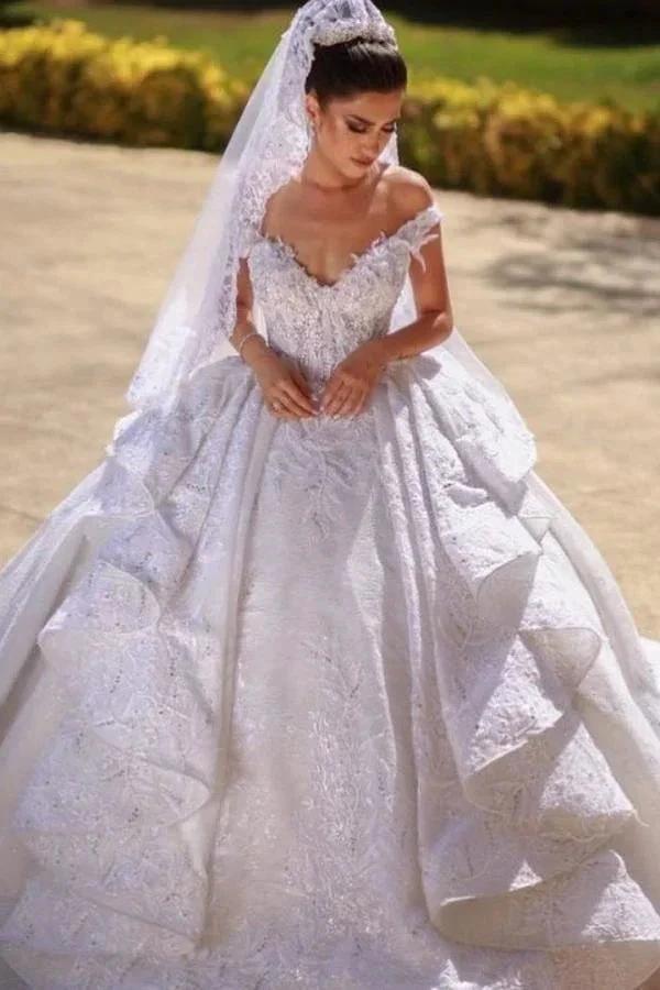 Gorgeous Long Ball Gown Off-the-shoulder Lace Wedding Dress (ZD15021) - VelvetHem