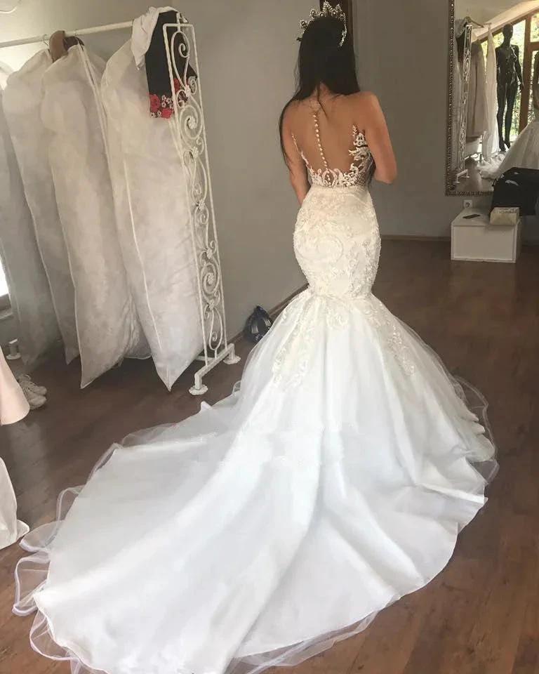Gorgeous Long Mermaid Sweetheart Lace Buttons Backless Wedding Dress (ZD15975)