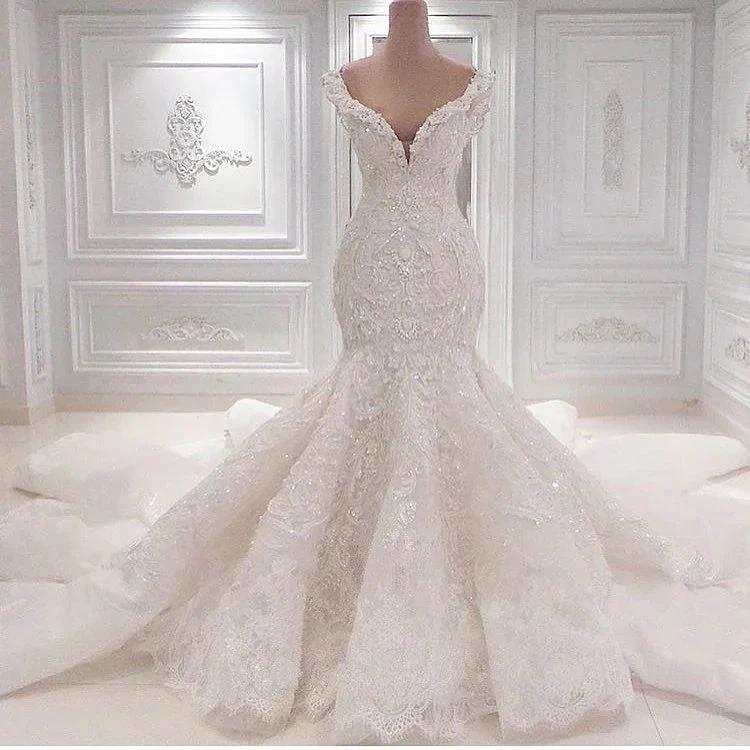 Gorgeous Long Mermaid V-neck Appliques Lace Ruffles Wedding Dress (ZD14325)
