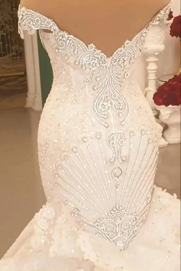 Gorgeous Long Off the Shoulder Crystal Backless Mermaid Wedding Dresses (ZD15195)