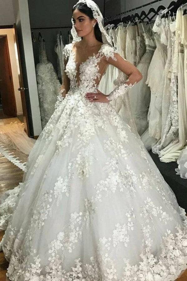 Gorgeous Long Princess Bateau Appliques Lace Backless Ruffles Wedding Dress with Sleeves (ZD15138) - VelvetHem