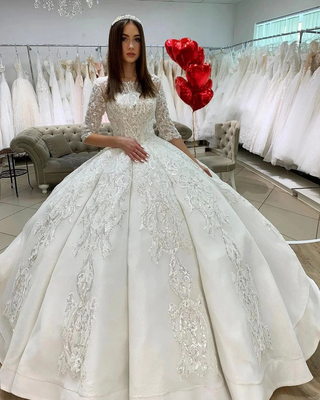 Gorgeous Long Princess Satin Bateau Appliques Lace Wedding Dress with Sleeves (ZD15050)