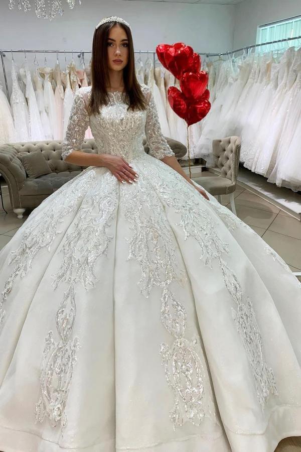 Gorgeous Long Princess Satin Bateau Appliques Lace Wedding Dress with Sleeves (ZD15050)