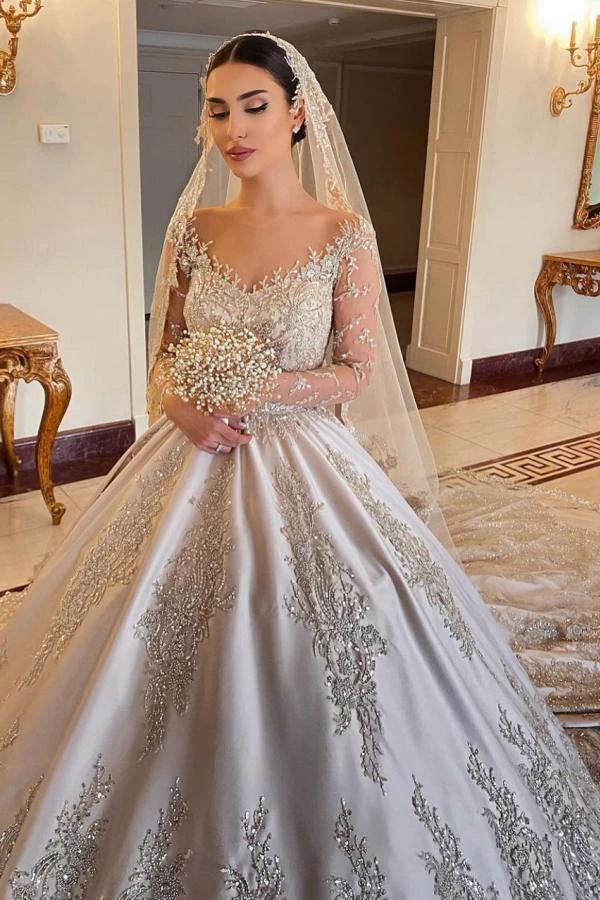Gorgeous Long Princess Sweetheart Beading Pearl Satin Wedding Dress with Sleeves (ZD15051) - VelvetHem