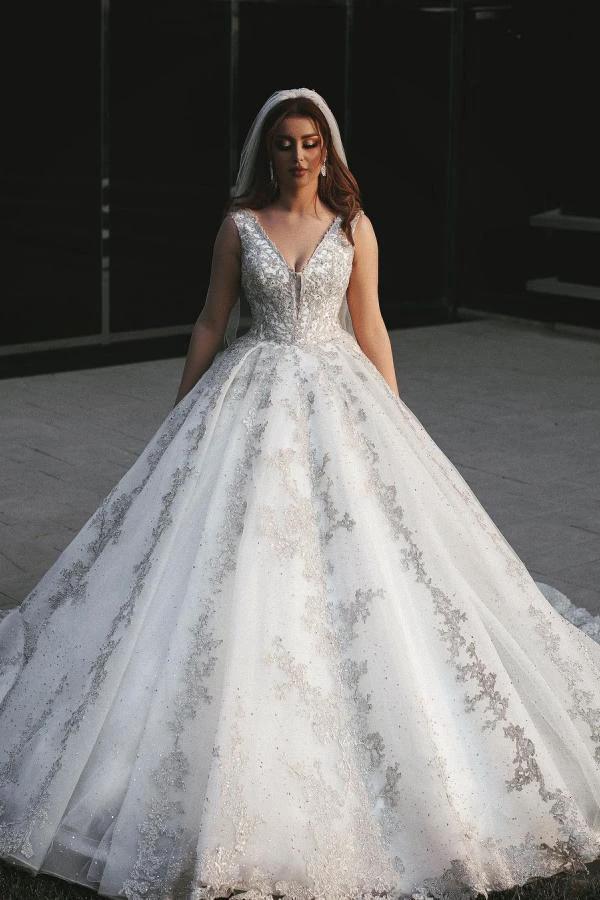 Gorgeous Long Princess V-neck Tulle Lace Appliques Wedding Dress (ZD15038) - VelvetHem