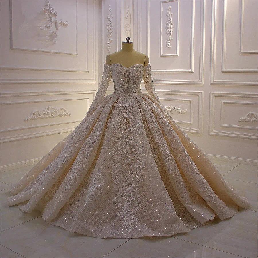 Gorgeous Long Sleeve Off the Shoulder Appliques Lace Ball Gown Wedding Dress (ZD15187)