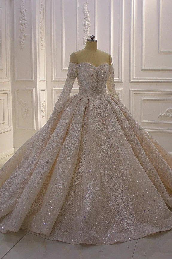 Gorgeous Long Sleeve Off the Shoulder Appliques Lace Ball Gown Wedding Dress (ZD15187)