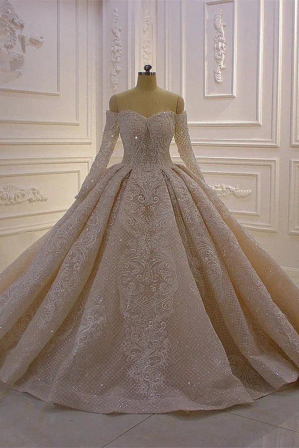 Gorgeous Long Sleeve Off the Shoulder Appliques Lace Ball Gown Wedding Dress (ZD15187) - VelvetHem
