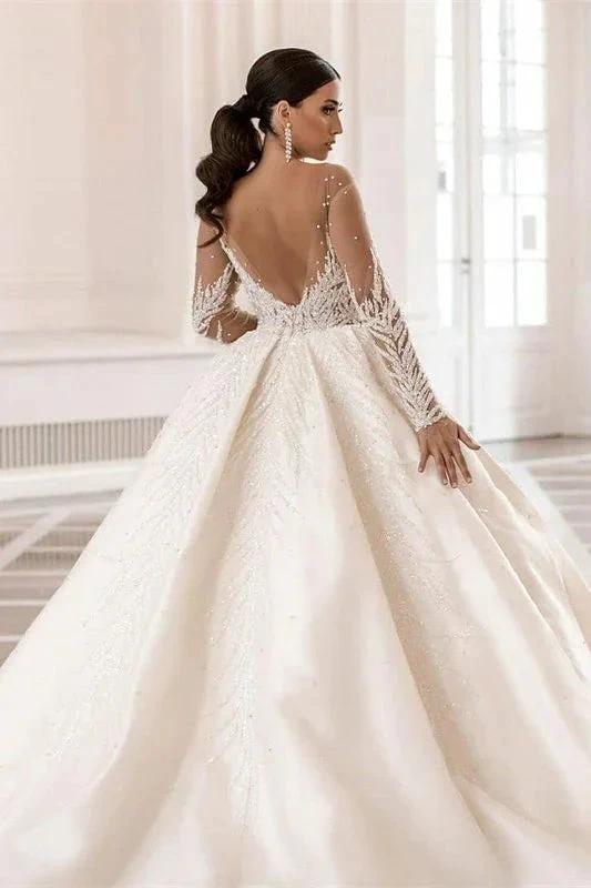 Gorgeous Long Sleeves A-Line Bateau Crystal Pearl Satin Wedding Dress (ZD14312)