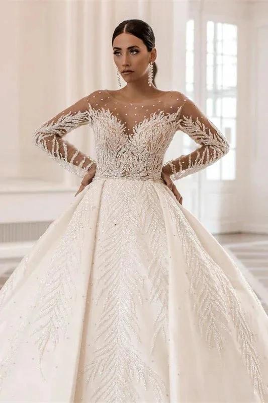 Gorgeous Long Sleeves A-Line Bateau Crystal Pearl Satin Wedding Dress (ZD14312)