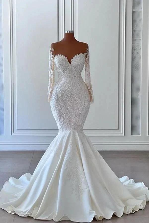 Gorgeous Long Sleeves White Mermaid Bridal Dress Sweetheart Graden Wedding Dresses (ZD16731)