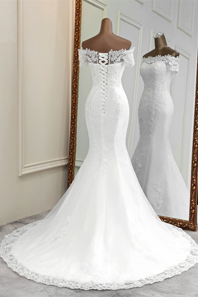 Gorgeous Off-the-Shoulder Lace Mermaid Wedding Dresses Short Sleeves Rhinestons Bridal Gowns (ZD17451)