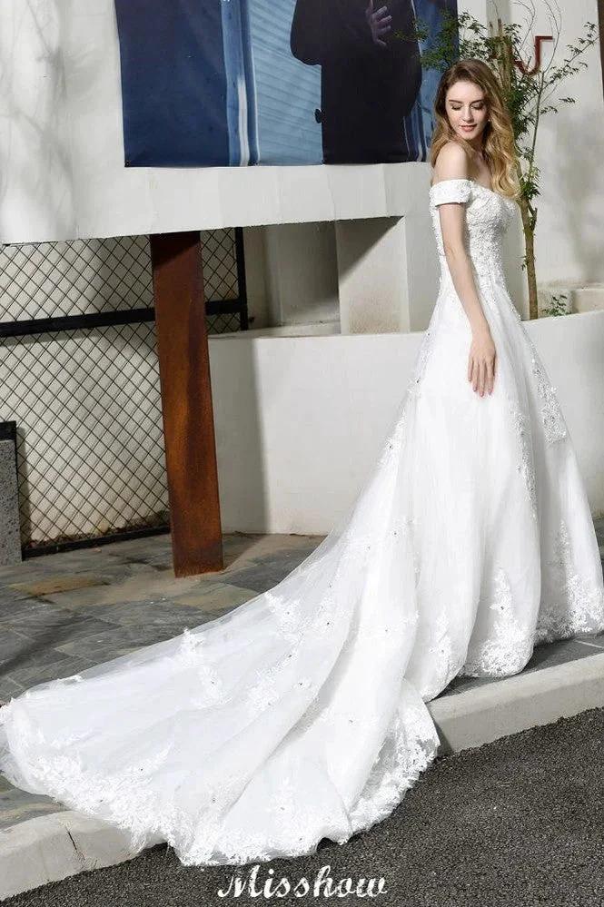 Gorgeous Off the Shoulder White aline Bridal Gown Garden Lace Appliques Wedding Dress (ZD13961)