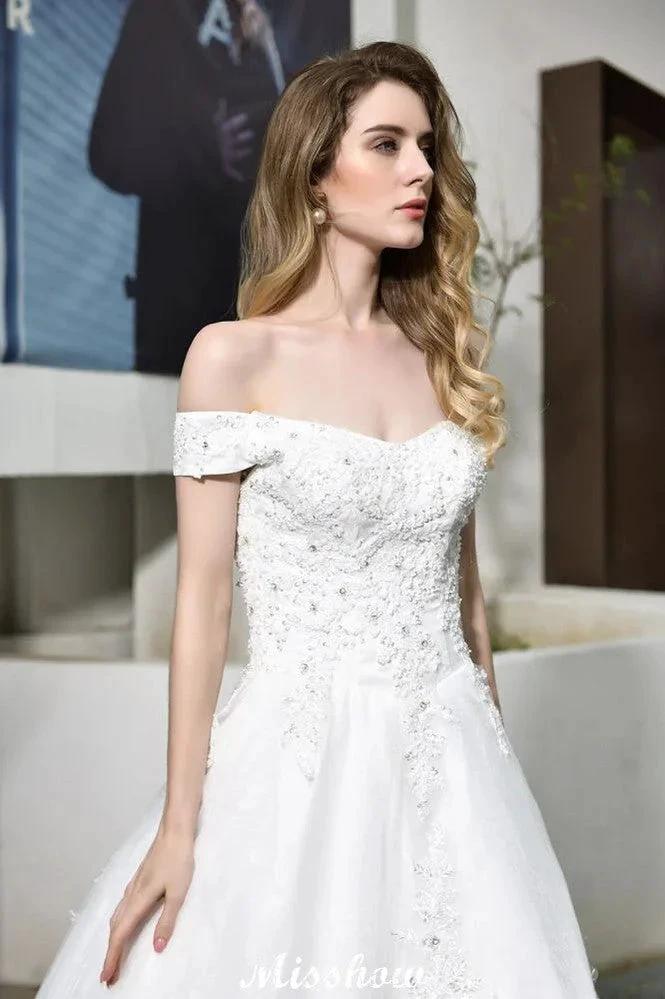 Gorgeous Off the Shoulder White aline Bridal Gown Garden Lace Appliques Wedding Dress (ZD13961)