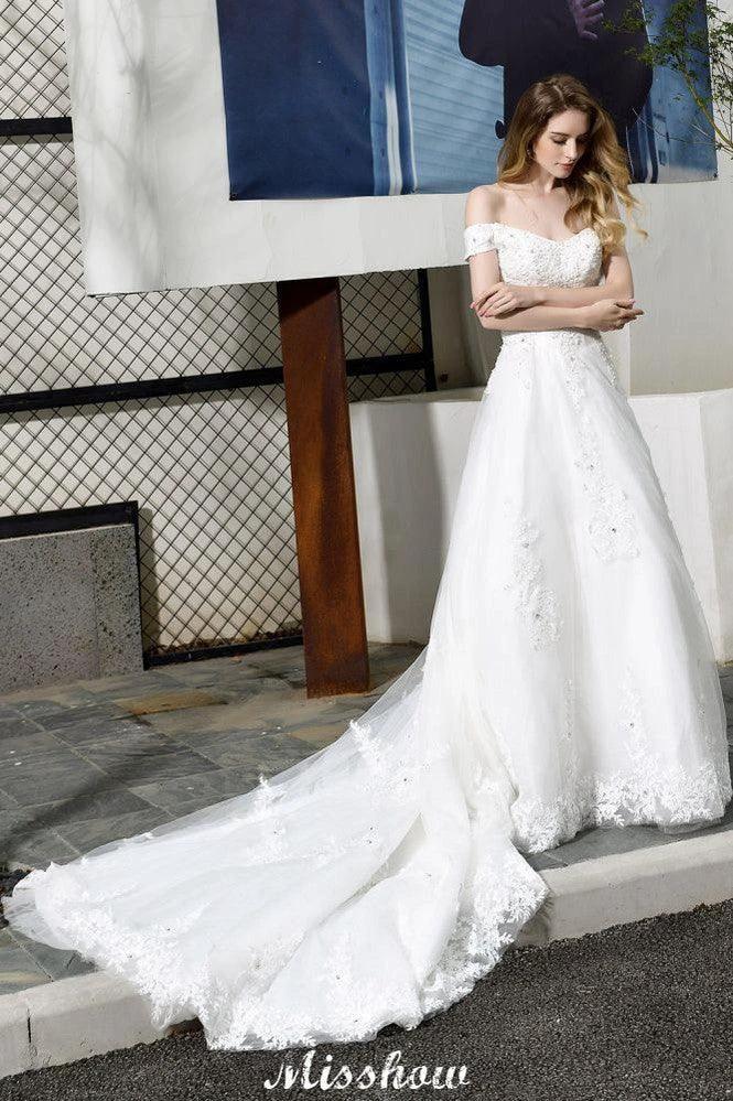 Gorgeous Off the Shoulder White aline Bridal Gown Garden Lace Appliques Wedding Dress (ZD13961)