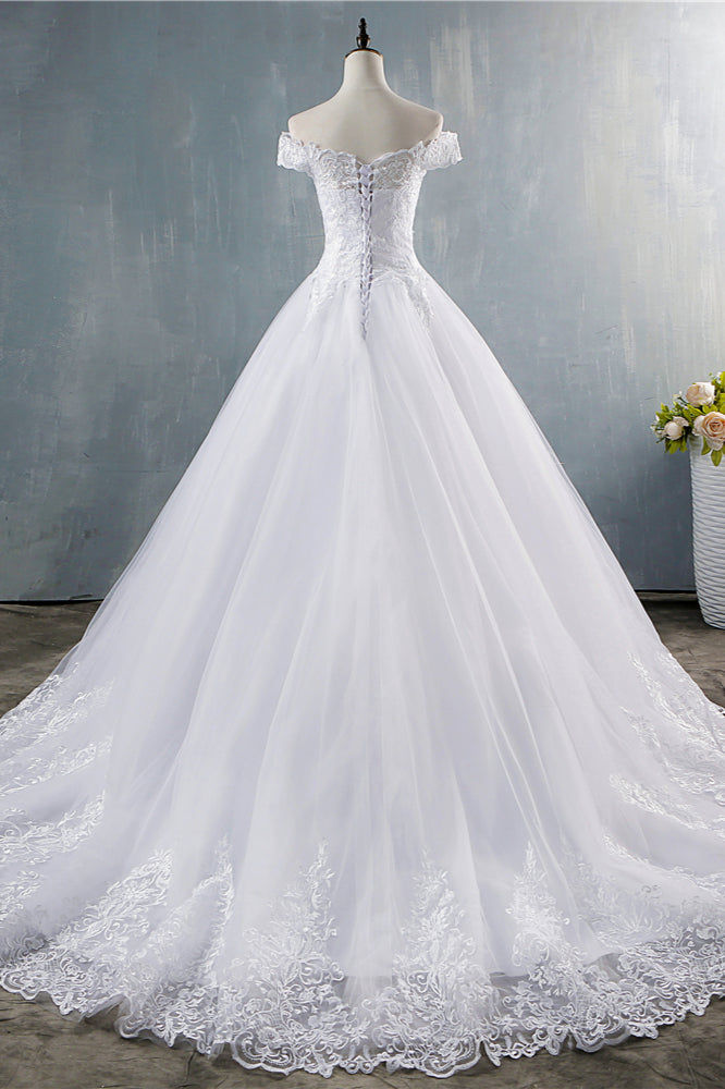Gorgeous Off-the-Shoulder White Tulle Wedding Dress Lace Appliques Bridal Gowns On Sale (ZD17461)