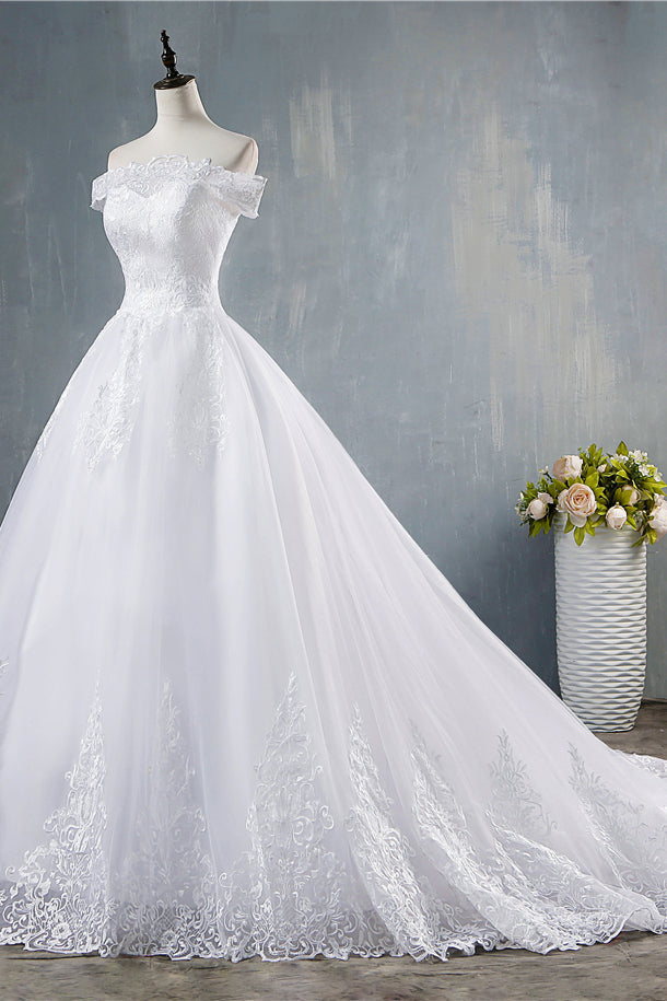 Gorgeous Off-the-Shoulder White Tulle Wedding Dress Lace Appliques Bridal Gowns On Sale (ZD17461)