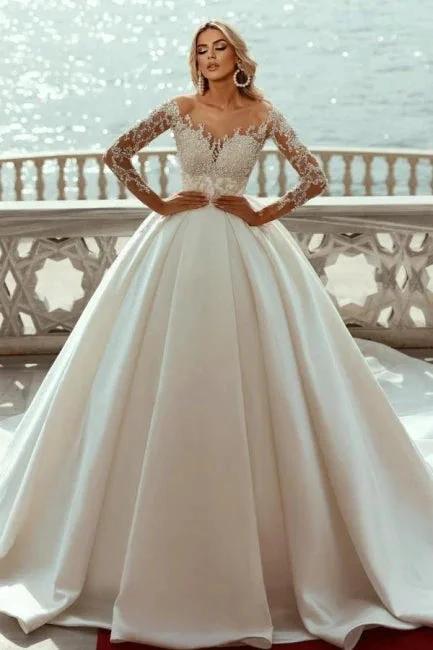 Gorgeous Princess A-line V-neck Satin Wedding Dresses With Long Sleeves (ZD14963) - VelvetHem