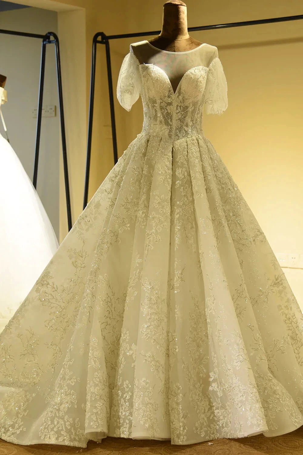 Gorgeous Short Sleeve Lace Tulle Princess Ivory Wedding Dress (ZD13899) - VelvetHem