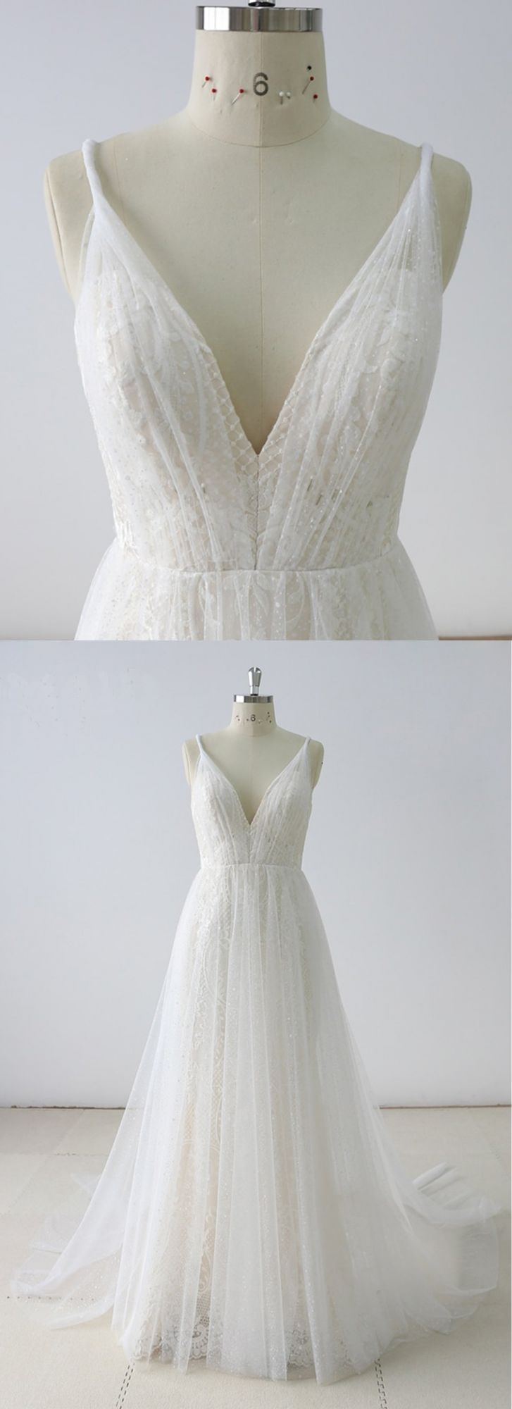 Gorgeous Simple White Lace V-Neck Long Wedding Dress Sleeveless Appliques Bridal Gowns On Sale (ZD17439)