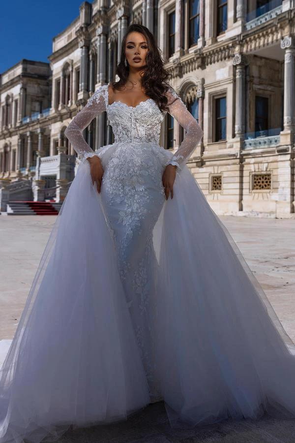Gorgeous Sweetheart Long Sleeve Lace Mermaid Wedding Dress With Detachable Train (ZD14332)
