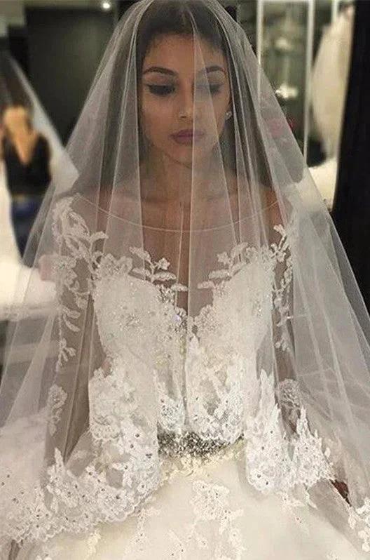 Gorgeous Tulle Appliques Scoop Long Sleeves Crystal Wedding Dress (ZD13847) - VelvetHem