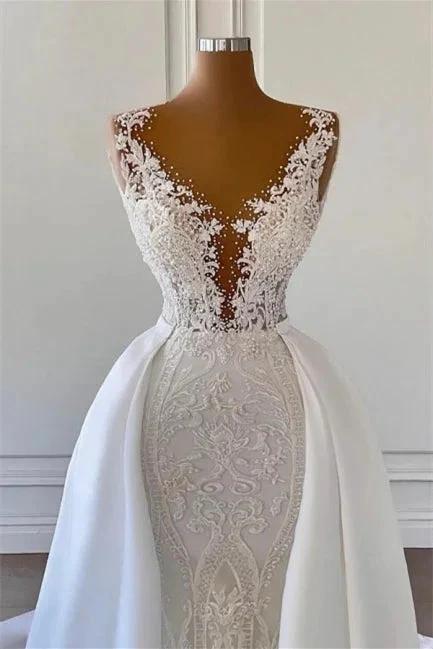 Gorgeous V-neck Sleeveless A-line Wedding Dress With Detachable Train (ZD16461)