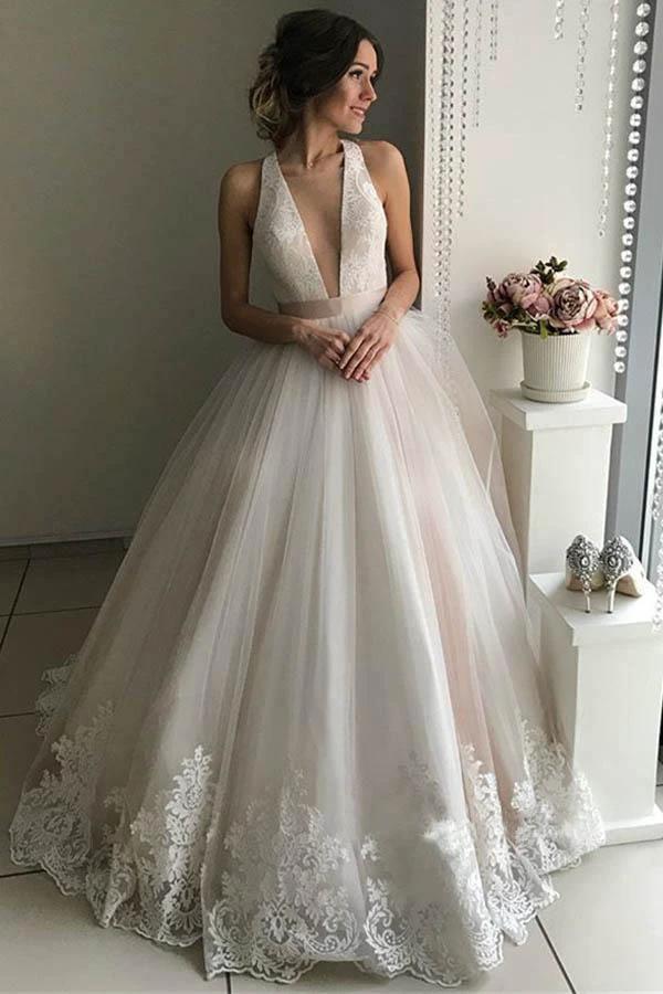 Gorgeous V-Neck Sleeveless Tulle Wedding Dresses  Bridal Gowns (ZD15396)