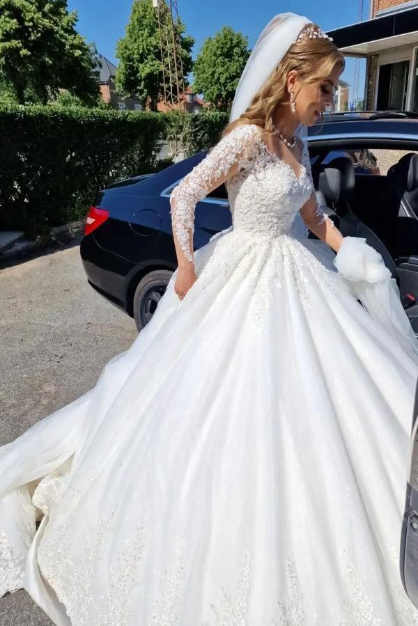Gorgeous White Long A-line V-neck Lace Wedding Dress with Sleeves (ZD14360)