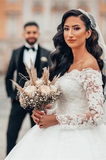 Gorgeous White Long Sleeves Lace Ball Gown Aline Floral Tulle Wedding Dresses (ZD13897)