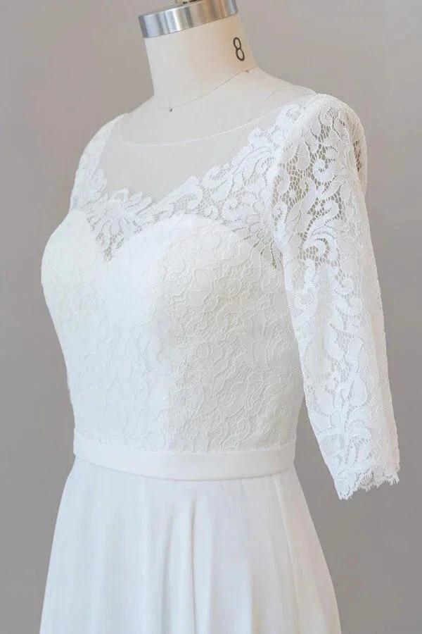 Graceful Long A-line Lace Chiffon Wedding Dress with Sleeves (ZD14385)