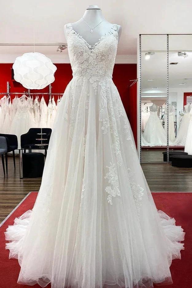 Graceful Long A-line Tulle V Neck Lace Open Back Wedding Dresses (ZD15267)