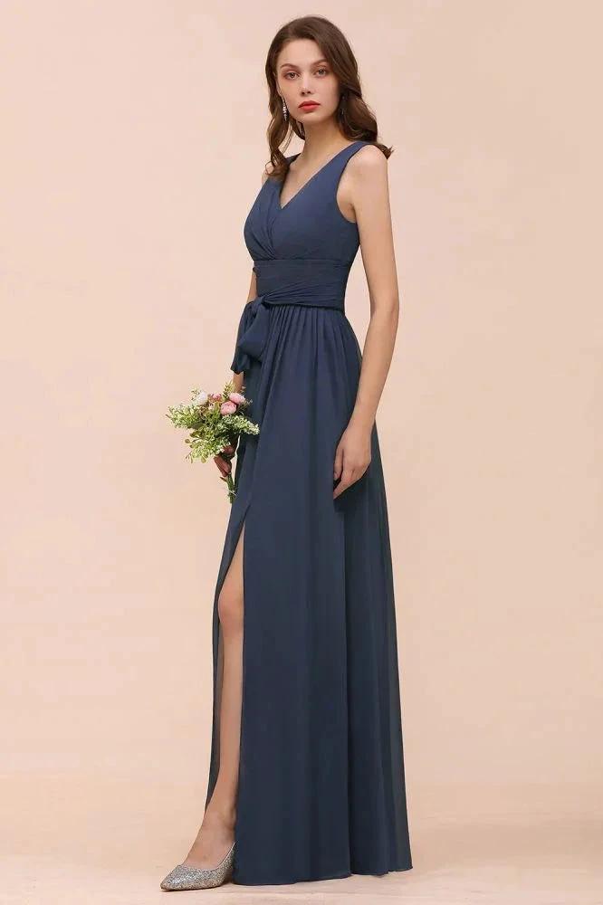 Gray Side Split Bridesmaid Dress V-Neck Sleeveless Floor Length dress for Bride (ZD13019)