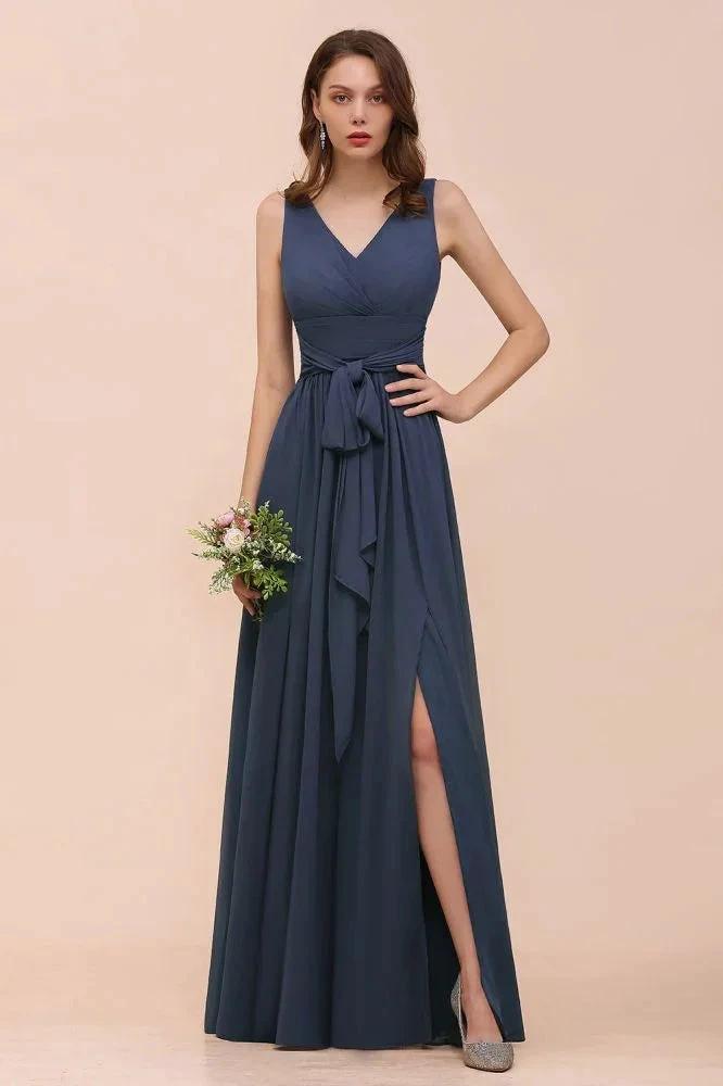 Gray Side Split Bridesmaid Dress V-Neck Sleeveless Floor Length dress for Bride by misshow.com