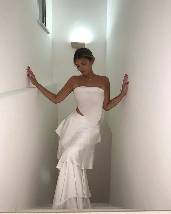 Elegant Two Pieces Strapless Long White Tiered Prom Dress Birthday Outfits fg7164 - View 3 | VelvetHem