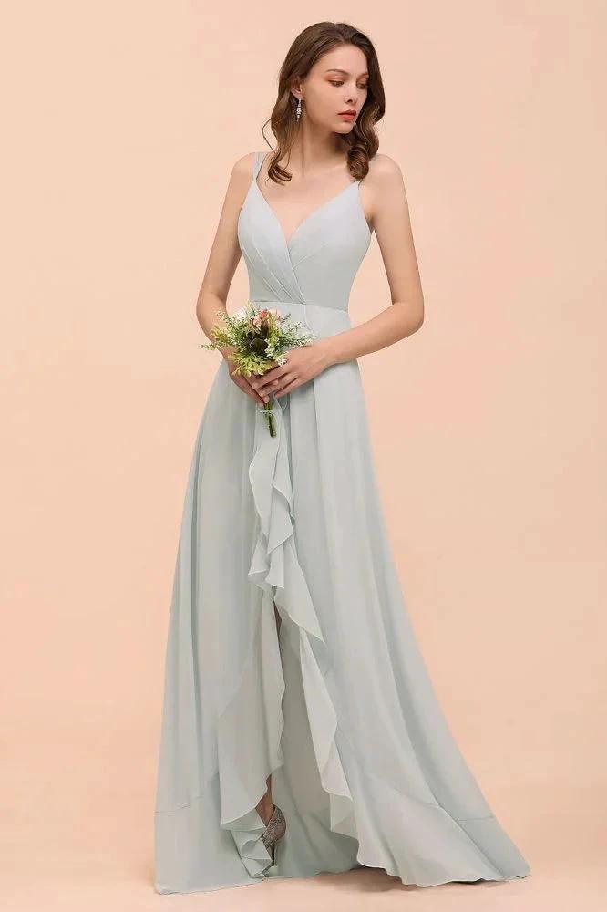 Grey Bridesmaid Dress Spaghetti V-Neck Ruffle Beach Wedding Party Dress (ZD12991)