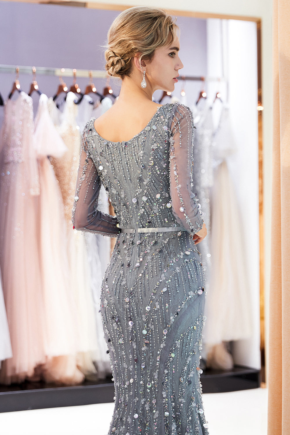 Grey Long Mermaid V-neck Tulle Evening Dresses with Sleeves