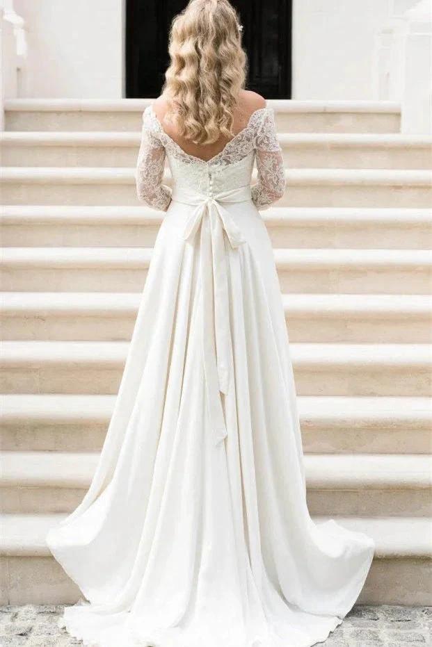 Half Sleeve Lace Wedding Dress Off-the-ShoulderV Back Bohemian Bridal Gown (ZD13796)
